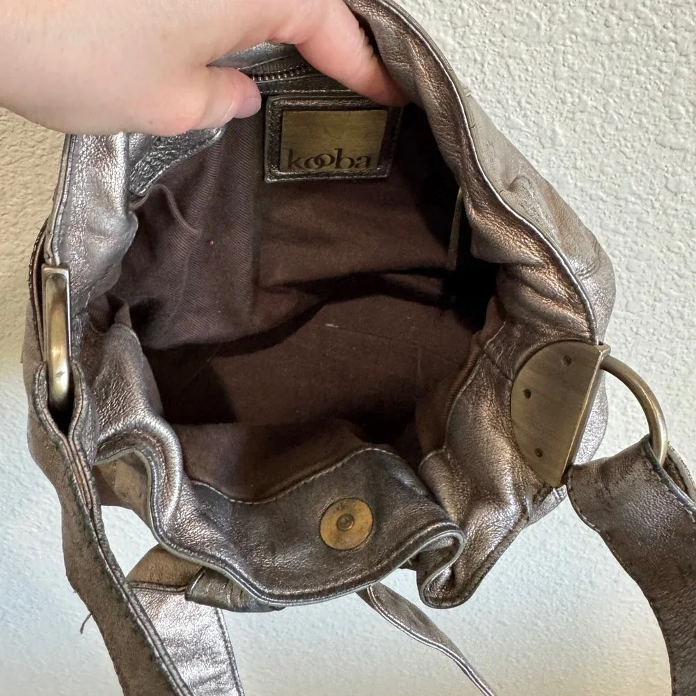 Kooba Metallic‎ Pewter Leather Bow Shoulder Bag Hobo Brass Hardware Vintage Y2K